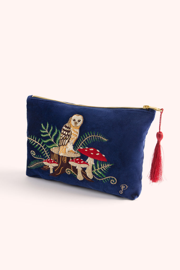 Woodland Owl Velvet zip pouch - Daisy Park