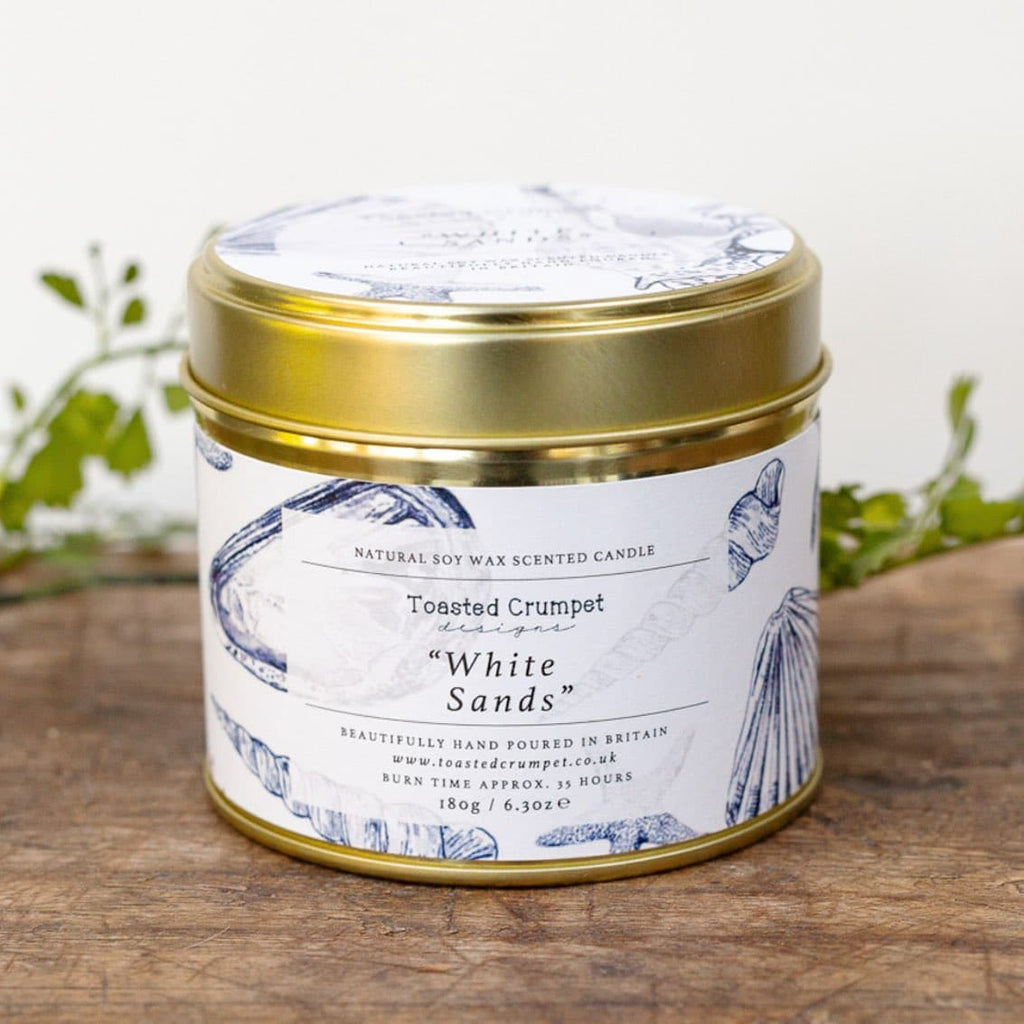 Toasted Crumpet White sands candle in matt gold tin - Daisy Park