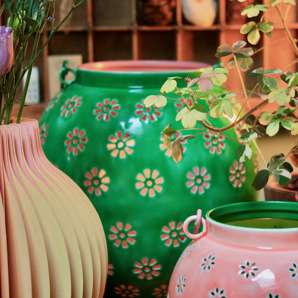 Metal Green & Pink Geometric flower lantern - Large - Daisy Park