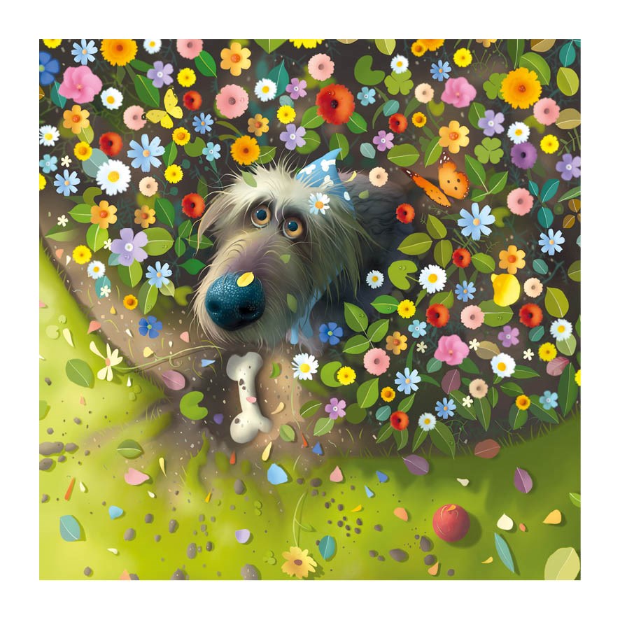 Toby in flower bed card - Daisy Park