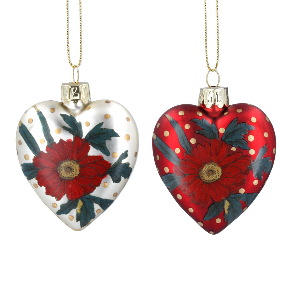 Matt cream or matt red glass heart with painted poppies dec - Daisy Park