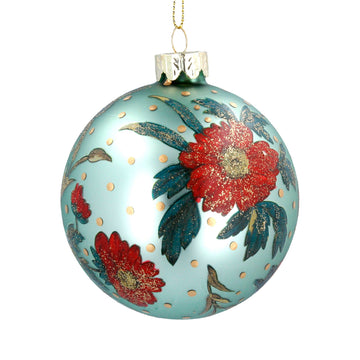 Matte green glass ball with painted poppies and leaves - Daisy Park