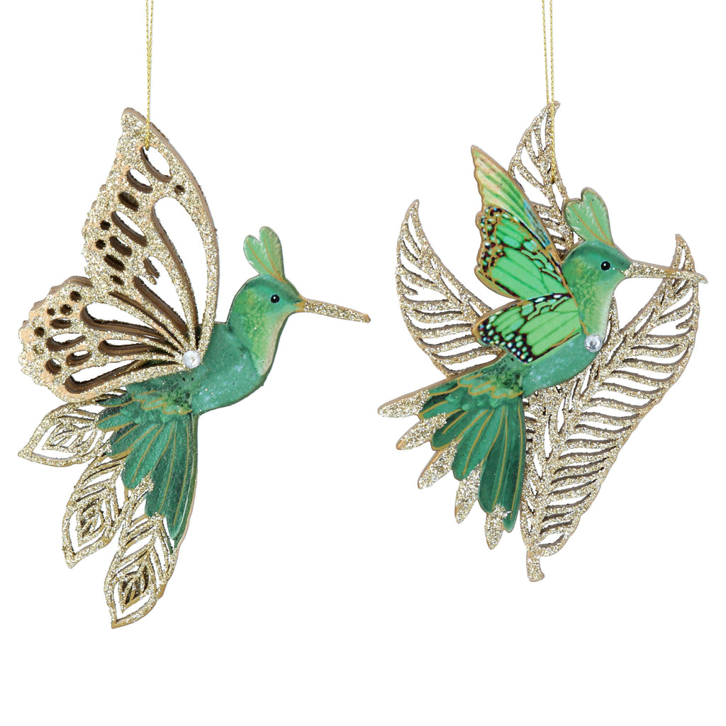 Green wood hummingbird with gold glitter decoration - Daisy Park