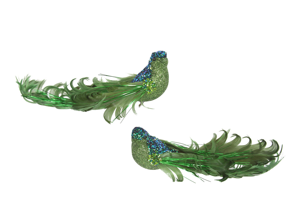 Green glitter feather curly tail bird clip - Daisy Park