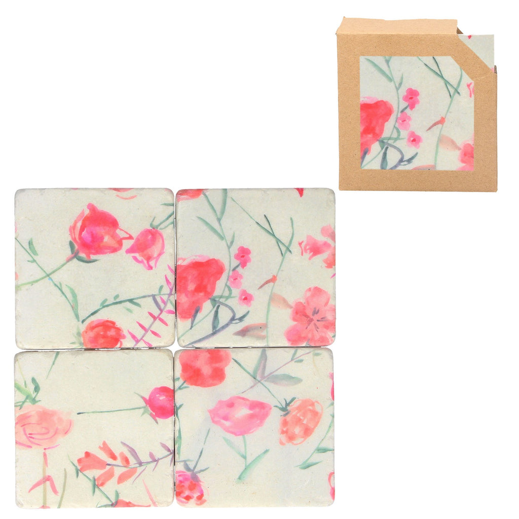 Pink Rose stems resin coaster pk 4 - Daisy Park