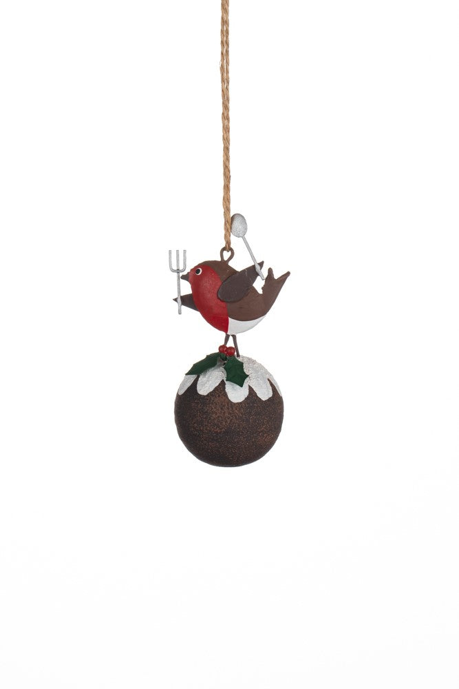 Robins on Christmas pudding hanging decoration - Daisy Park