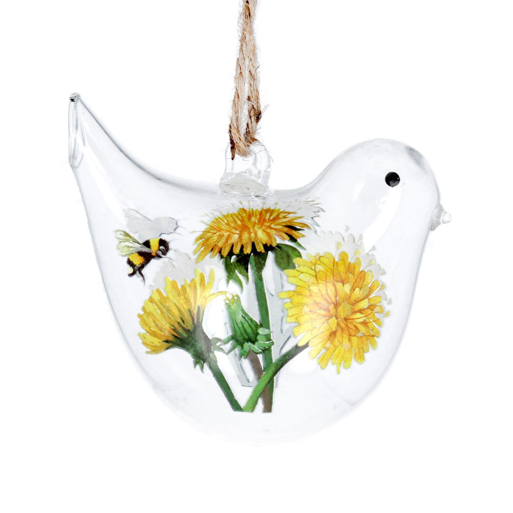 Dandelion & Bee clear glass bird decoration - Daisy Park