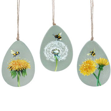 Dandelion and bee green wood egg decoration set of 3 - Daisy Park