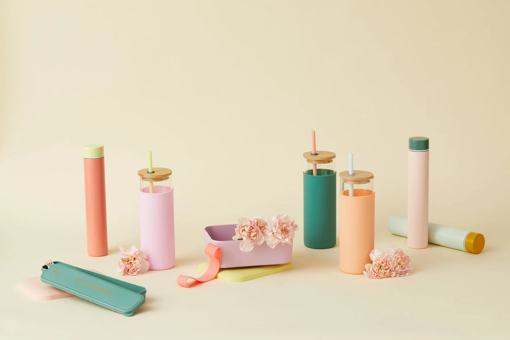 Glass tumbler with straw - Mint/peach - Daisy Park