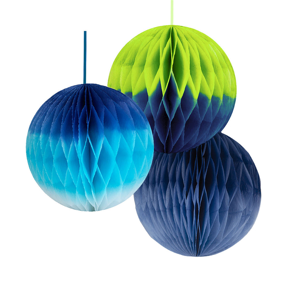 Ombre blue Paper Honeycomb ball decorations - 3 pk - Daisy Park
