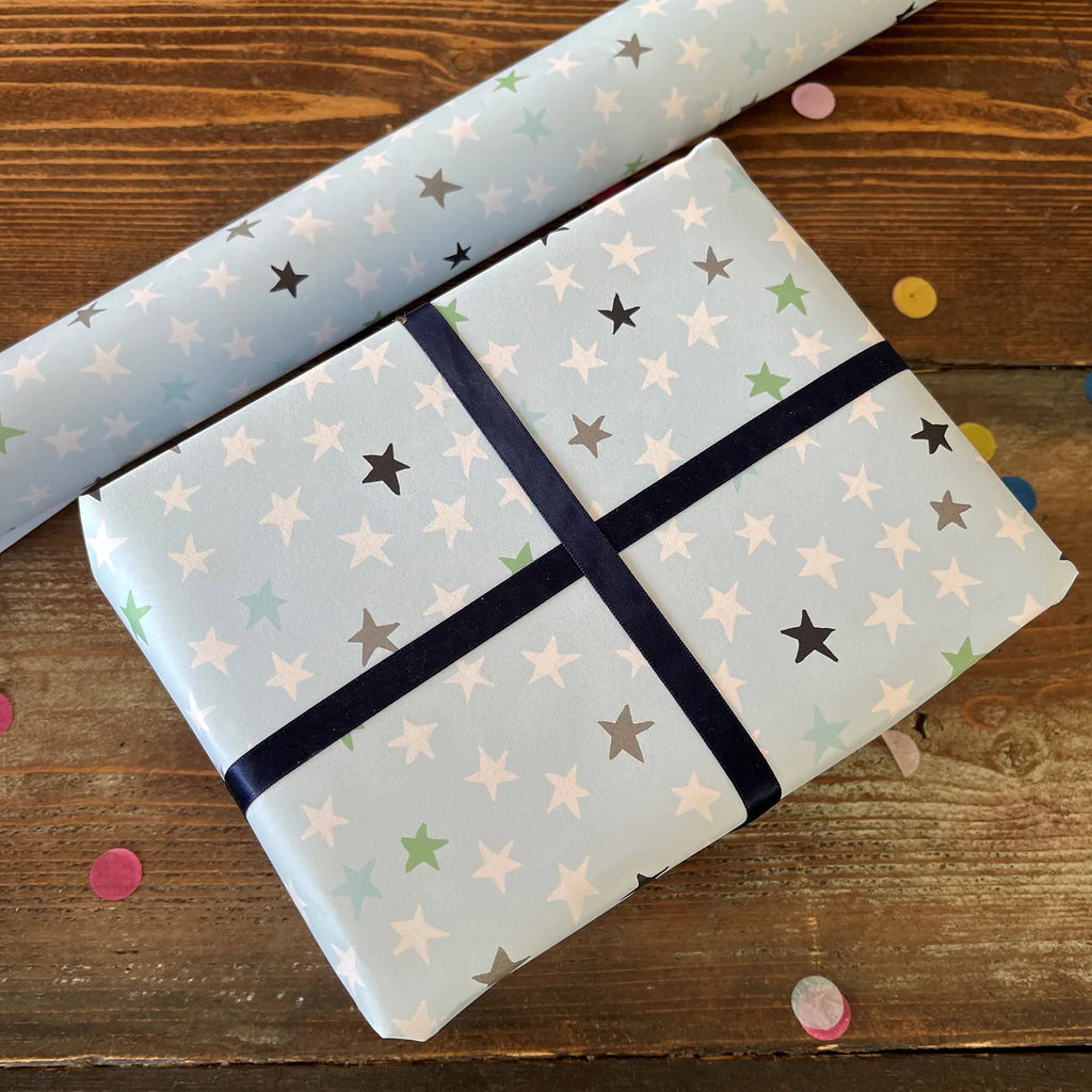 Stars on baby blue gift wrap - Daisy Park