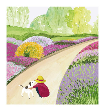 Flower beds and dog walker blank card - Daisy Park
