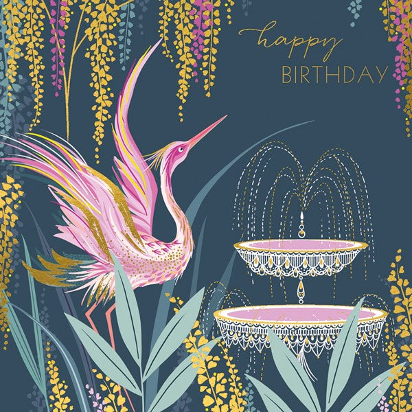 Pink crane & fountain birthday card - Daisy Park